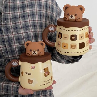  Cốc sứ gốm gấu dễ thương và dễ thương có nắp cốc trái tim cô gái siêu dễ thương văn phòng uống cốc cặp đôi cốc uống nước 