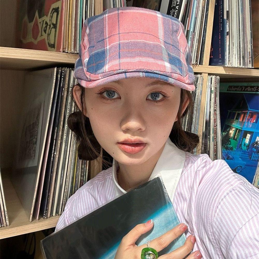 Dans Mũ beret cotton dopamine Sọc Caro Phẳng Điều Chỉnh Được Thanh Lịch Ngoài Trời