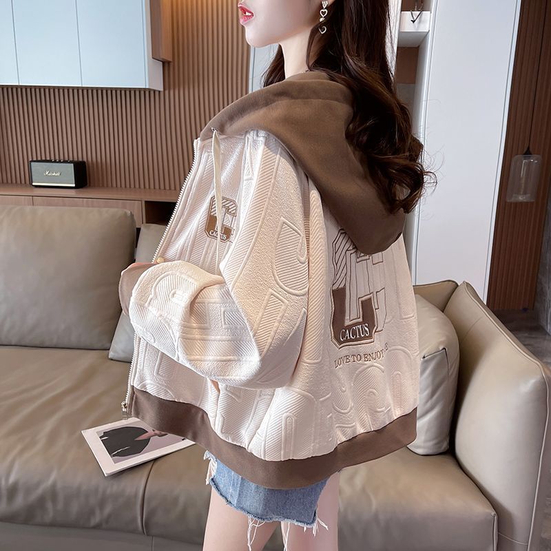Áo Khoác Khóa Kéo Có Nón Trùm Dáng Rộng Thời Trang Xuân Thu Phong Cách Hàn Quốc