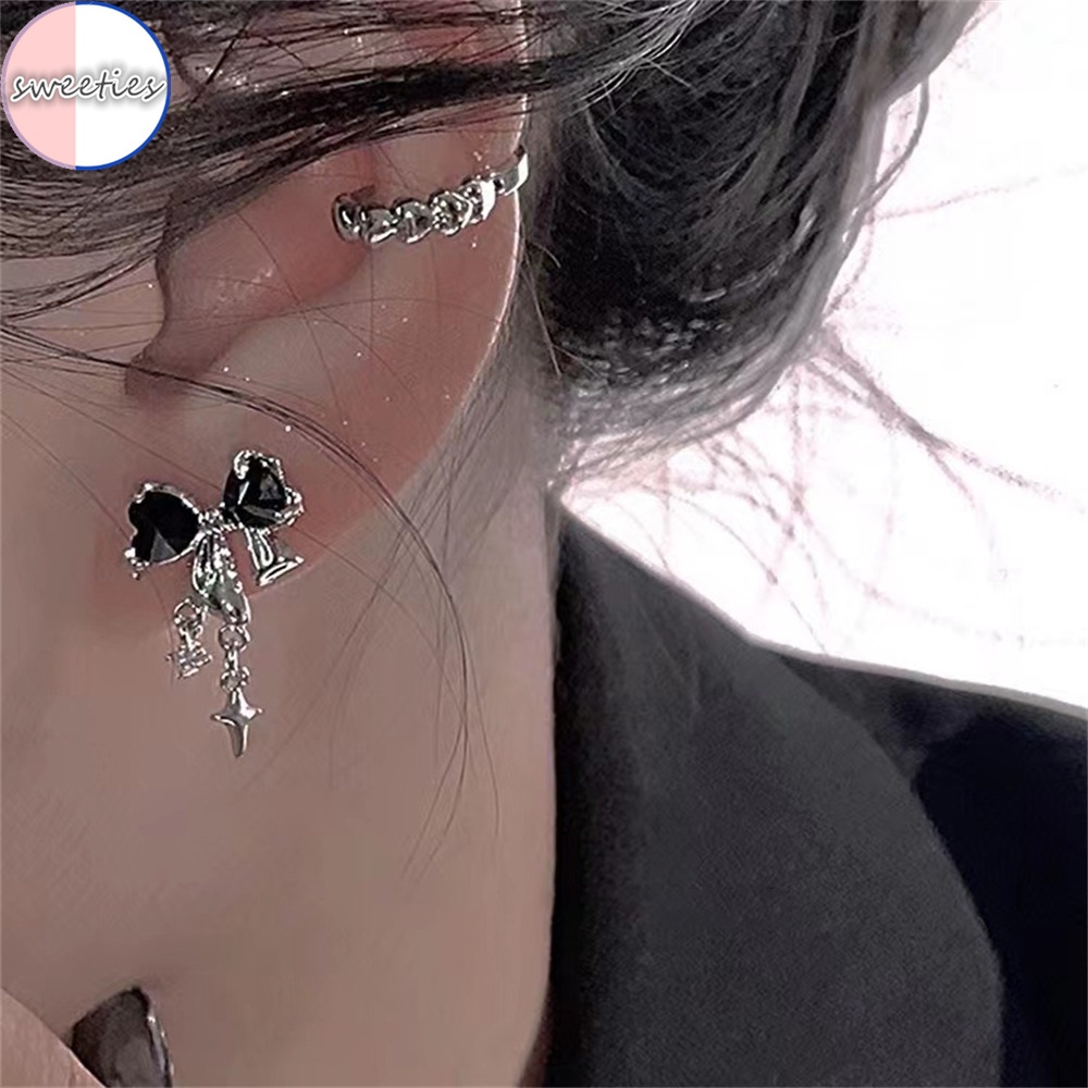 Bông Tai Mạ Bạc 925 Hình Nơ Đính Đá Sang Trọng Phong Cách Hàn Quốc