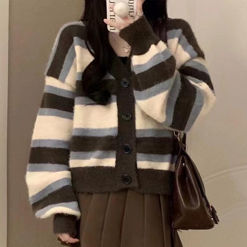 DUOHANZI  Áo Khoác cardigan Dệt Kim Cổ Chữ v Dáng Rộng Thời Trang Mùa Thu Hàng Mới Dành Cho Bạn Nữ