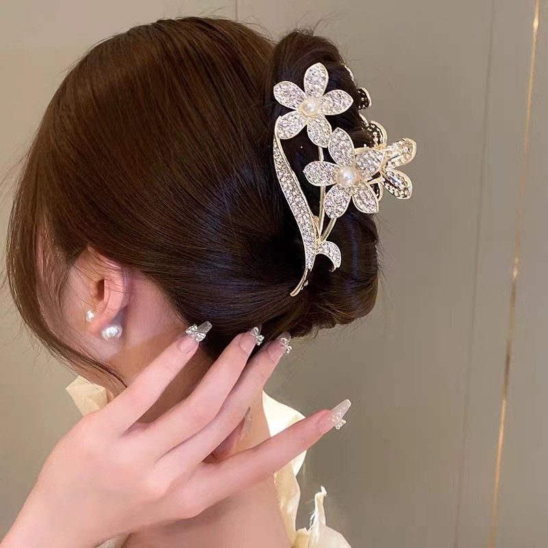 Kẹp tóc CHLINS bằng hợp kim hình hoa đính đá ngọc trai thời trang cho nữ