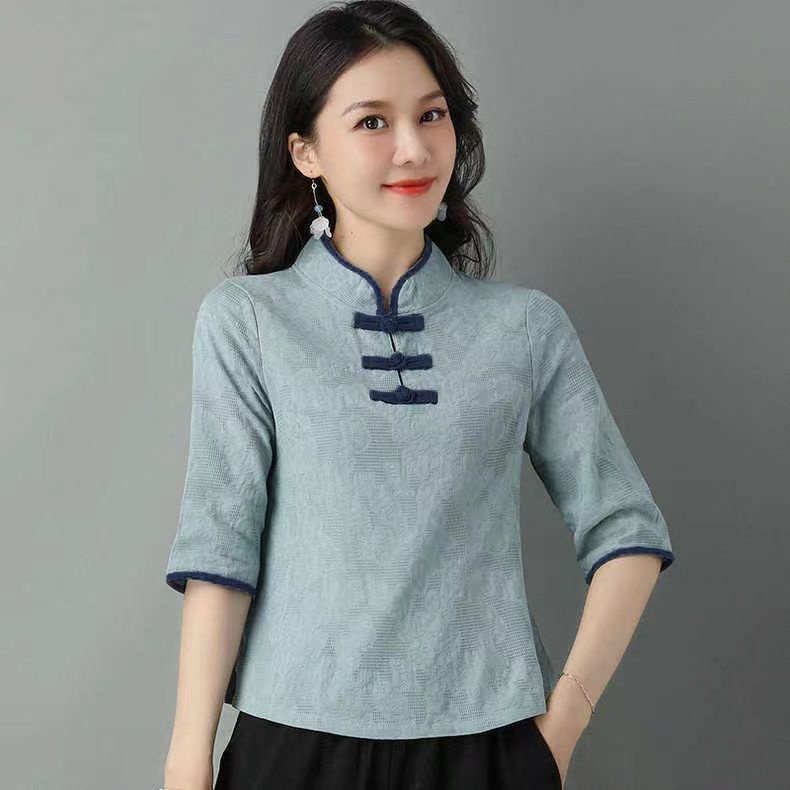 Áo Sơ Mi Cotton Màu Trơn Cổ Đứng Phối Khóa Cài Nghệ Thuật Chuyên Nghiệp Cho Nữ