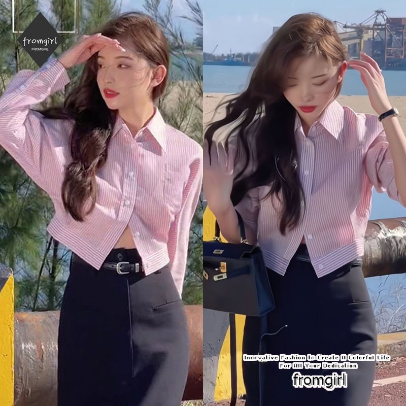 Áo Sơ Mi Croptop Tay Dài Cổ polo Họa Tiết Kẻ Sọc Thời Trang Xuân Thu Dành Cho Nữ