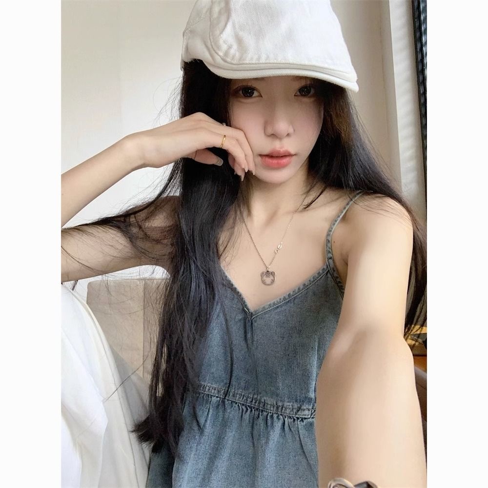Áo Hai Dây Denim Cổ Chữ v Dáng Rộng Phong Cách Thời Trang Mới 2023