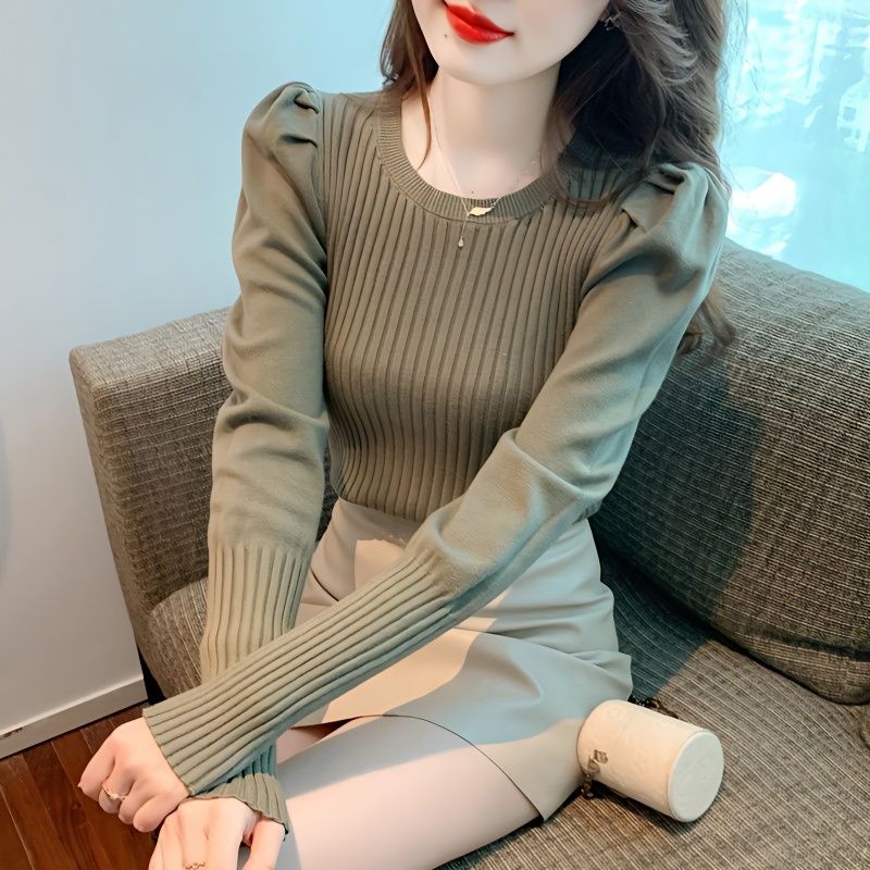 Autumn long-sleeved t-shirt mỏng dệt kim bottoming top phụ nữ