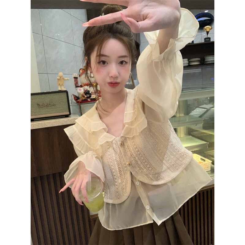Áo Sơ Mi Tay Dài Phồng Cổ Búp Bê Giả Hai Lớp Thời Trang Hàn Quốc Dành Cho Nữ
