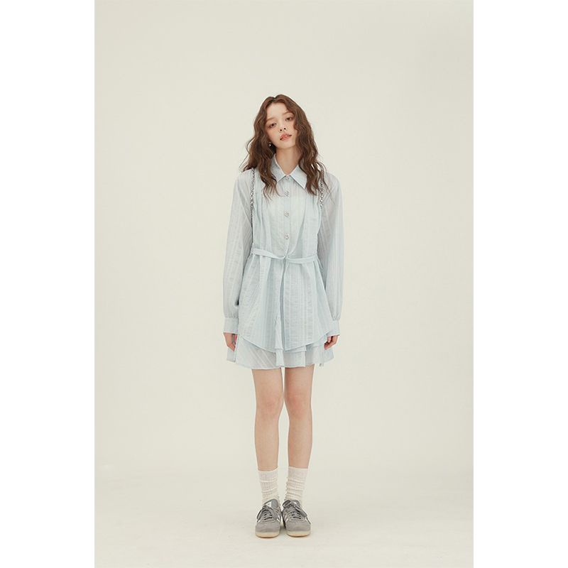 Set Áo Sơ Mi Chiffon Dài Tay Và Chân Váy Dài Màu Xanh Dương Thời Trang Mùa Thu Mới 2023 Cho Nữ