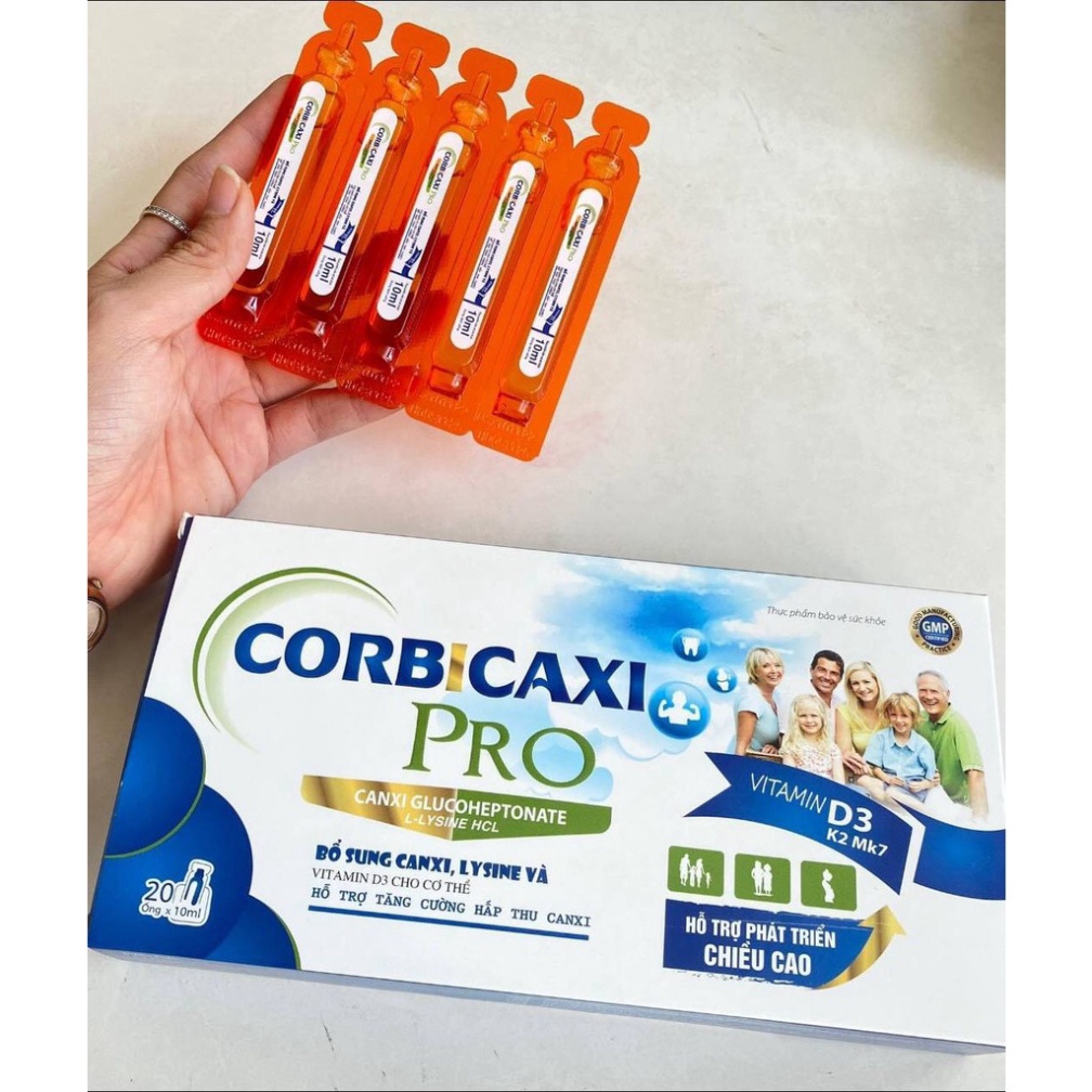 Corbicaxi Pro, canxi giúp Tăng chiều cao cho trẻ , Chắc xương, Chắc răng cho bé với Canxi hữu cơ, Vitamin 20 ống 10ml