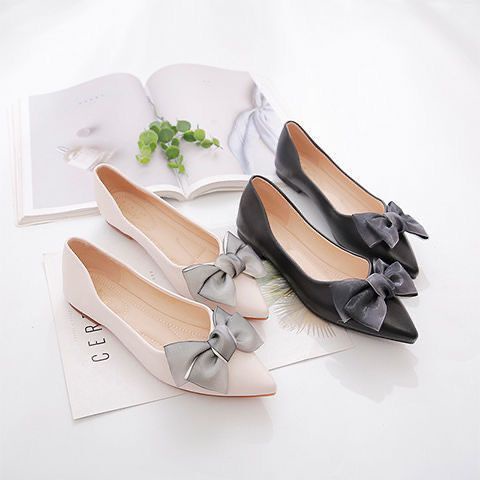 Giày Búp Bê Mũi Nhọn Đế Mềm Đính Nơ Thời Trang Cho Nữ