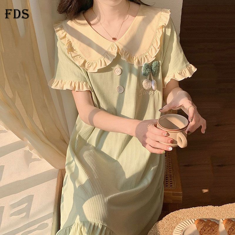 Fds fds váy ngủ ngọt ngào và đơn giản của phụ nữ mùa hè ngắn tay áo dài đồ ngủ màu xanh lá cây dễ thương phong cách công chúa mỏng búp bê cổ áo đồ mặc nhà