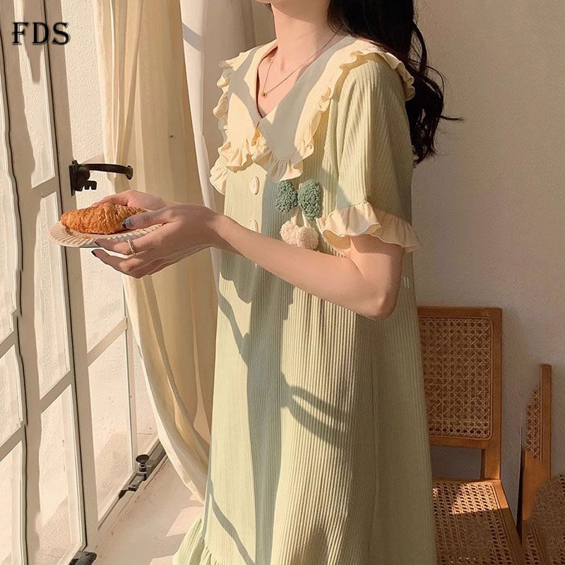 Fds fds váy ngủ ngọt ngào và đơn giản của phụ nữ mùa hè ngắn tay áo dài đồ ngủ màu xanh lá cây dễ thương phong cách công chúa mỏng búp bê cổ áo đồ mặc nhà