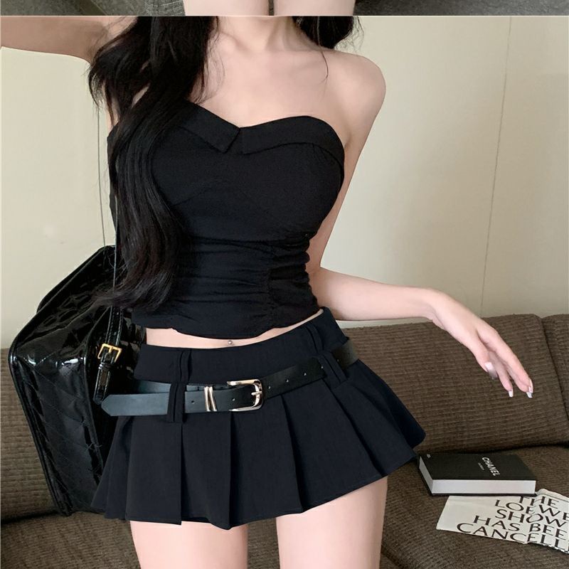 Ngắn xếp li chữ a váy xếp li thiết kế váy đai quần áo thời trang nữ phong cách hàn quốc