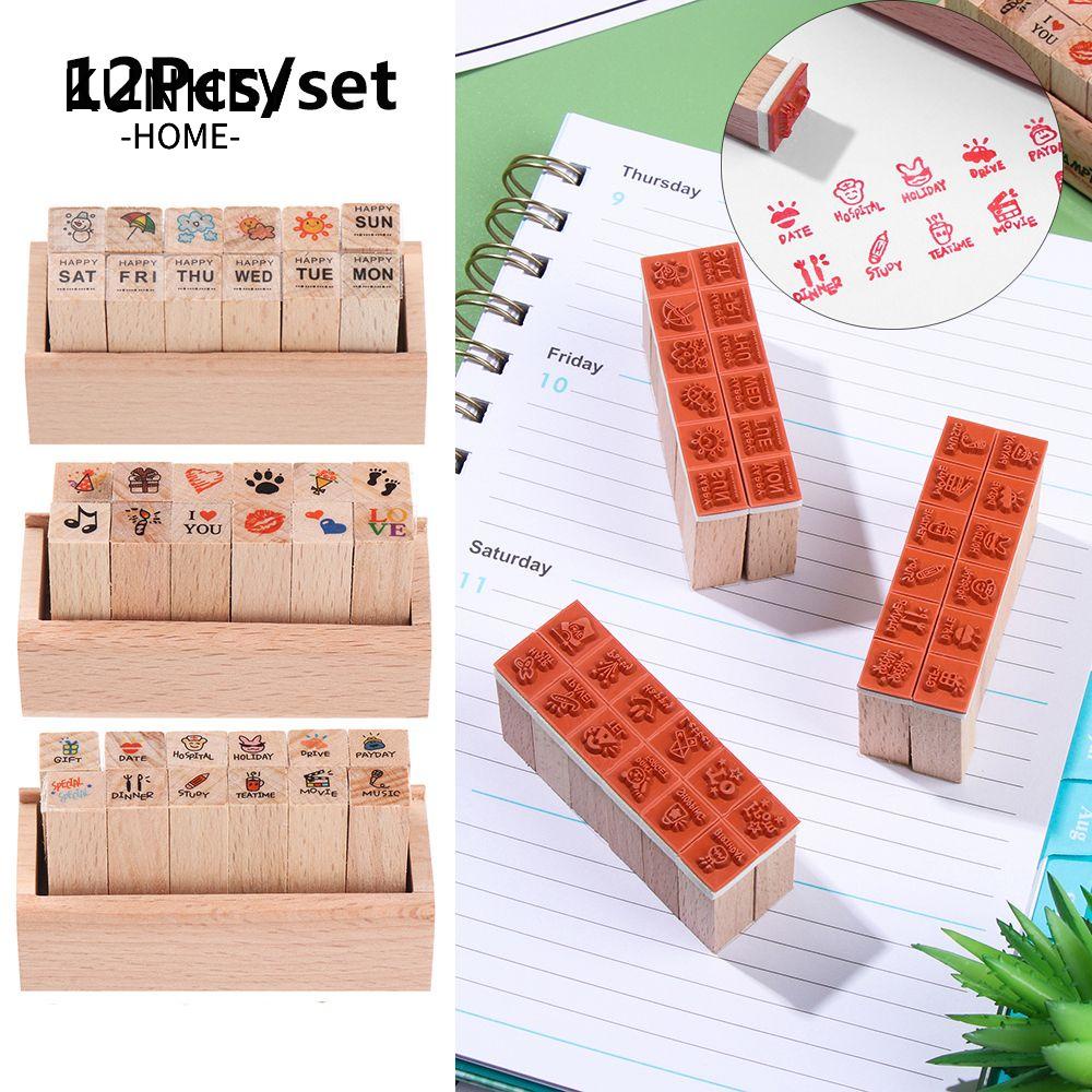 KUNHEV Bộ 12 Con Dấu Gỗ Trang Trí Sổ Tay Xinh Xắn