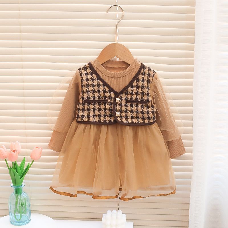 Catimini Váy con gái váy công chúa phong cách mới mùa xuân và mùa thu váy trẻ em dài tay vest váy lưới hợp thời trang