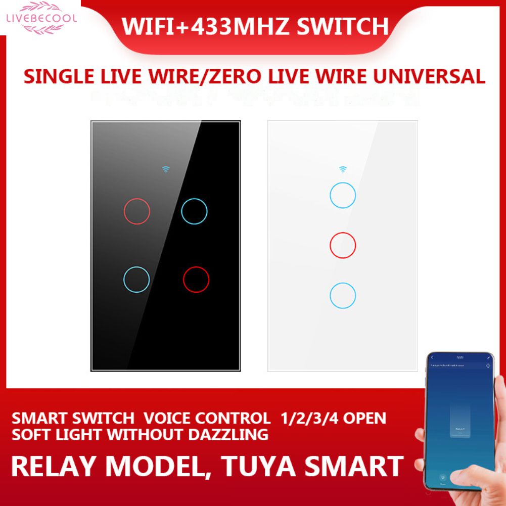 1/2/3/4 Gang Tuya Wifi + Công tắc cảm ứng thông minh 433mhz Nút tường đèn gia đình cho Alexa và Go-ogle Home Assistant US Livebecool tiêu chuẩn