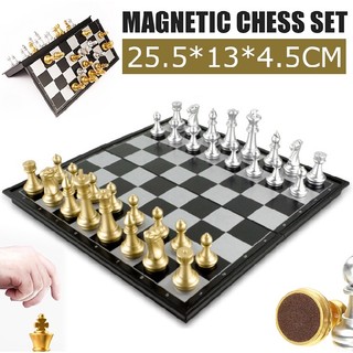 Foldable Travelling Magnetic Silver & Gold Chess & Checkers Set Board Game