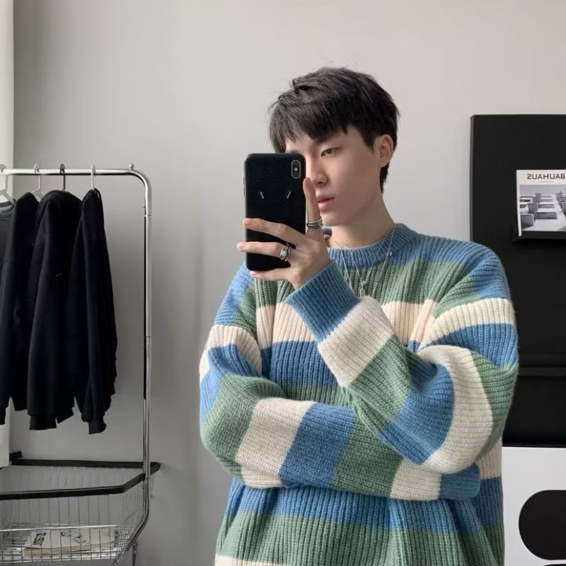Áo Sweater Dệt Kim Cổ Tròn Dáng Rộng In Họa Tiết Đường Kẻ Thời Trang Cho Nam