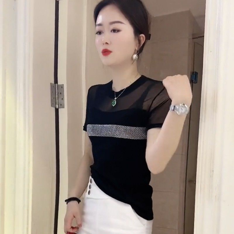 Áo Thun Ngắn Tay Cổ Tròn Phối Lưới Đính Đá Thời Trang Mùa Hè Cho Nữ