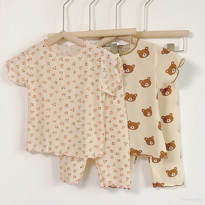 Đồ ngủ cho bé gái hàn quốc ice silk loungewear floral top + quần pyjama set