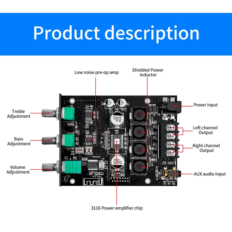 Bảng Mạch Khuếch Đại Âm Thanh ZK-502T Bluetooth 5.0 50W + 50W 2.0 AUX BT DC12-24V