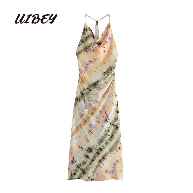 Uibey thời trang swinging cổ áo thắt lưng cao thắt lưng nhuộm váy hở lưng 9618