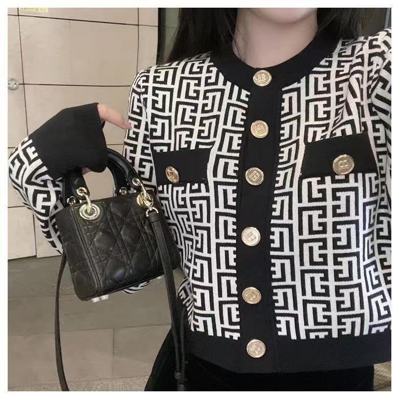 Xiaoxiang Áo Khoác Cardigan Dệt Kim Tay Dài Phối Màu Tương Phản Thời Trang Cao Cấp Cho Nữ