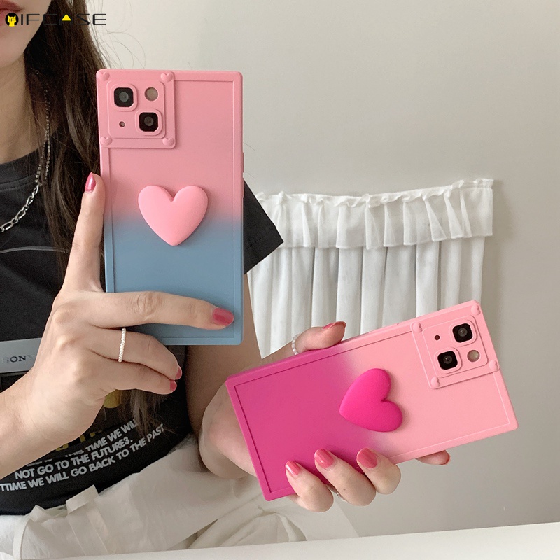Ốp lưng vuông tương thích cho iphone 14 plus 13 12 11 pro max ốp lưng điện thoại 3d âm thanh nổi tình yêu trái tim yêu thương hình vuông gradient kẹo màu sắc cô gái dễ thương cô gái dễ thương vỏ mềm ốp lưng