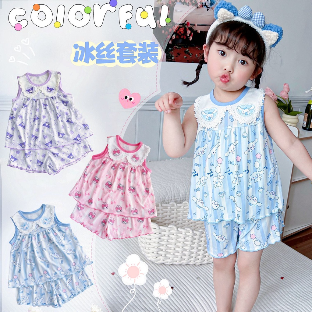 Bộ Đồ Ngủ Bằng Lụa Mát Cổ Búp Bê Dễ Thương Thời Trang Mùa Hè ， Set Đồ Mùa Hè 2023 Gồm Áo Ba Lỗ Cổ Búp Bê + Quần Ngắn Bằng Lụa Lạnh Dễ Thương Cho Bé Gái