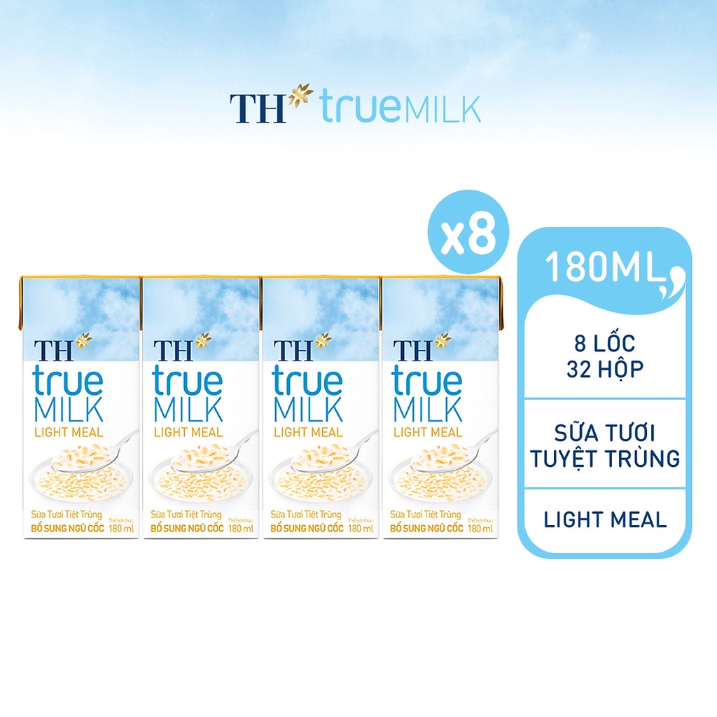 8 Lốc sữa tươi tiệt trùng TH True Milk Light Meal bổ sung ngũ cốc 180ml