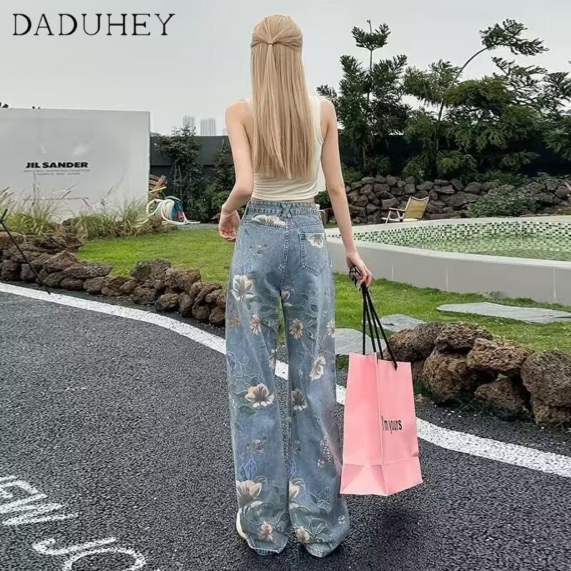 Quần jean dài DADUHEY ống rộng lưng cao in họa tiết phong cách retro đường phố Mỹ mới