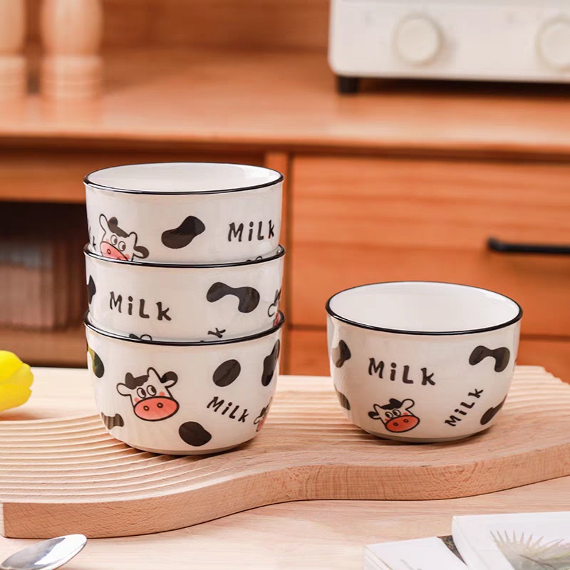 Bộ 2 Bát Tô 2 Muỗng Ăn Cơm Ăn Súp Gốm Sứ Hoạ Tiết Bò Sữa Hoạt Hình Đáng Yêu Phong Cách Nhật Bản A.Dug