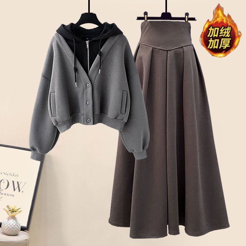 Set Áo Nỉ Có Mũ Phối Chân Váy Lưng Cao Thời Trang Thu Đông Xinh Xắn Cho Nữ