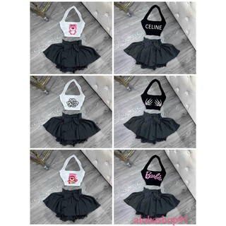 (Có tách lẻ) Set áo croptop cổ yếm + chân váy nơ có quần bo bên trong -uk alohashop91