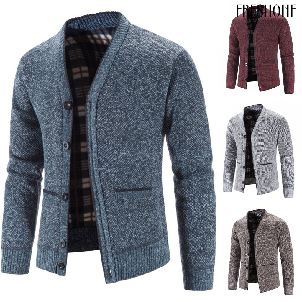 Nam áo khoác len mỏng vừa vặn cardigan single-breasted túi màu rắn cổ v dày dặn kẻ sọc sang trọng áo khoác mùa thu cho trang phục hàng ngày