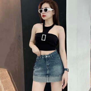 Áo croptop cổ yếm phối khoen vuông pc alohashop91