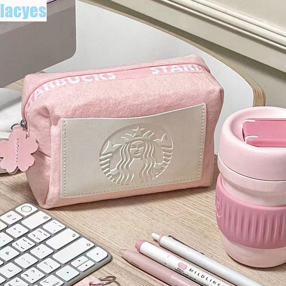 Lacyes túi mỹ phẩm nỉ, starbucks da pu, đồ dùng du lịch túi đựng son môi màu hồng hộp đựng bút chì du lịch