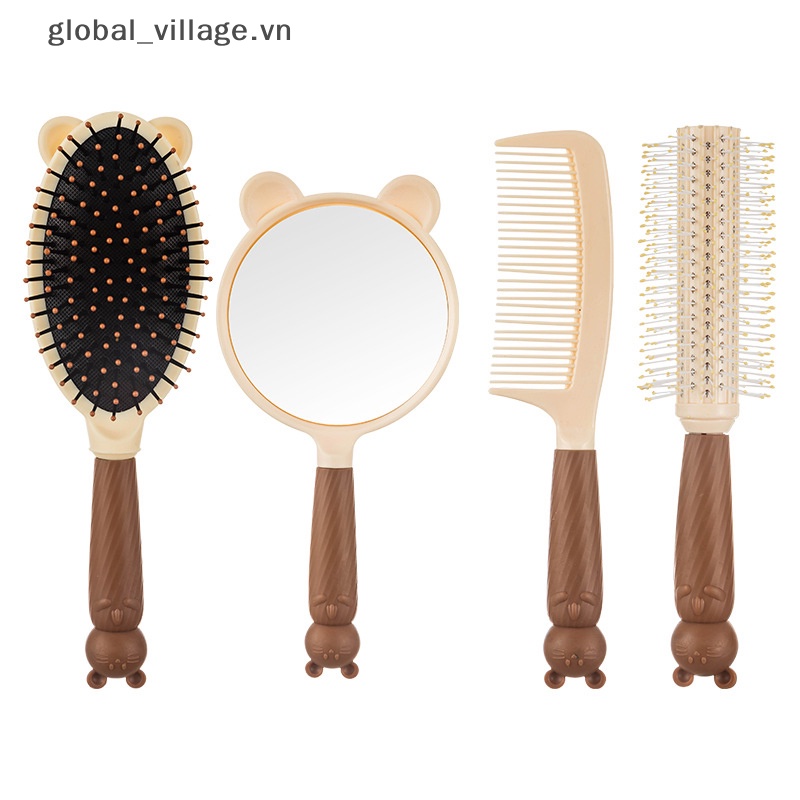 Gương trang điểm bộ bàn chải tóc tangle-free head massage knotless cute beer four-piece handheld mirror comb set home supply