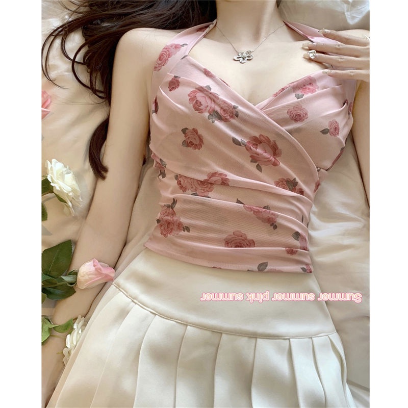 Áo Hai Dây Mùa Hè Dáng Ngắn In Họa Tiết Phong Cách Pháp Thanh Lịch Cho Nữ