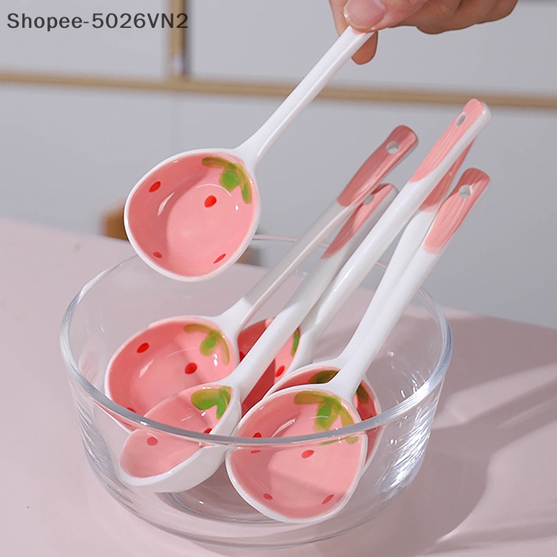 1pc thìa súp gốm dâu tây dễ thương kem tráng miệng thìa tay cầm dài