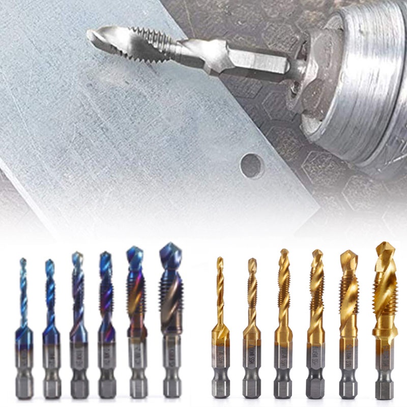 6 cái m3-m10 hex shank titan mạ hss vít ren hệ mét máy khoan lỗ máy trục vít hợp chất dụng cụ cầm tay