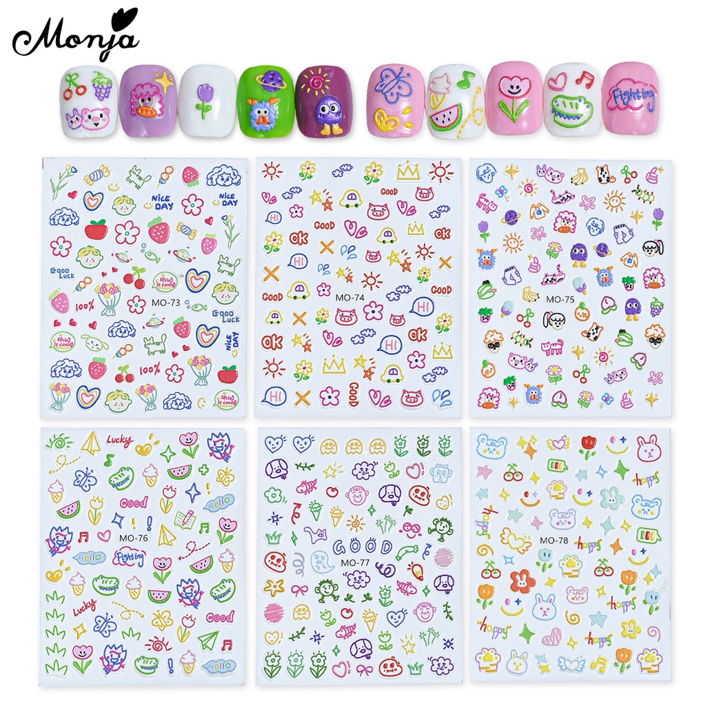 Hình dán móng dopamine MONJA tự dính họa tiết hoạt hình nổi 5D 6 kiểu dáng dễ thương trang trí nghệ thuật