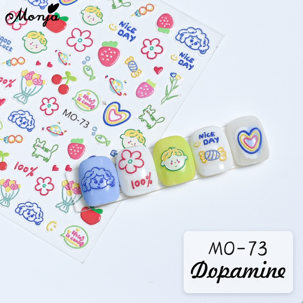 Hình dán móng dopamine MONJA tự dính họa tiết hoạt hình nổi 5D 6 kiểu dáng dễ thương trang trí nghệ thuật