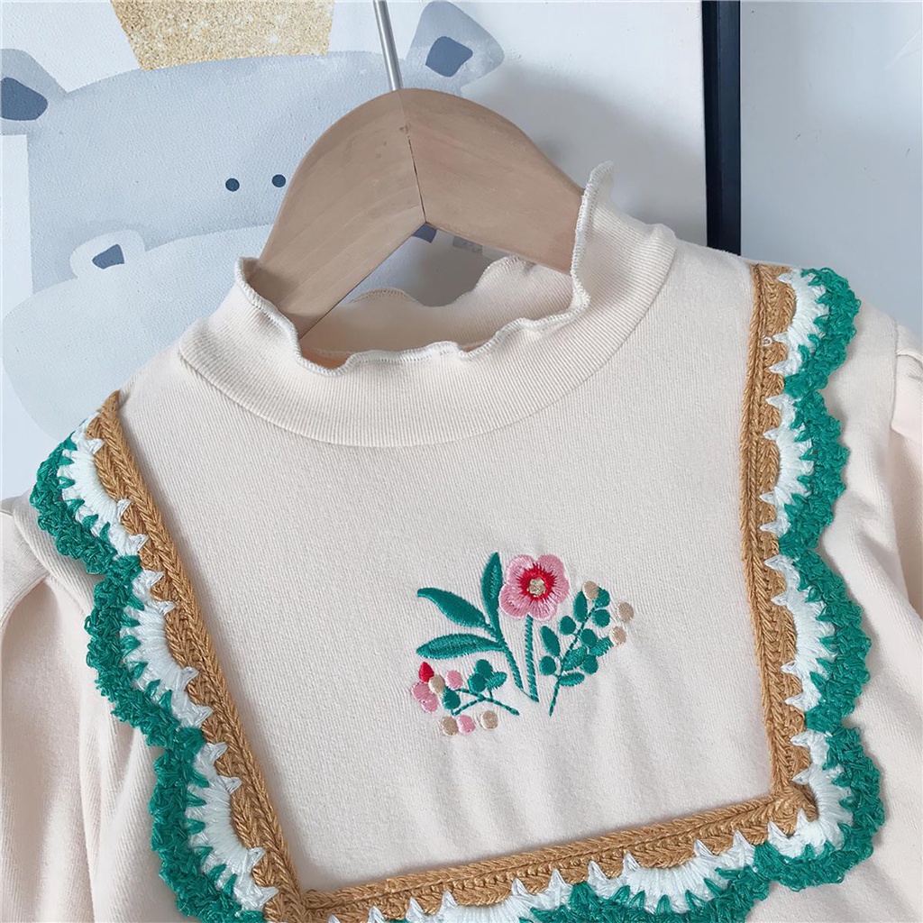 BABEPROUD Áo thun thêu hoa tay dài cổ cao nửa cho bé gái 2-7 tuổi