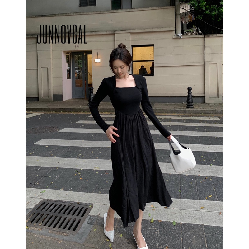 Đầm nữ JUNNOVGAL tay dài eo thon co giãn thời trang mới cao cấp 2023