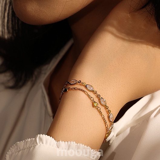 Moouga / Vòng Tay Đính Đá Zircon Hình Trái Tim Đơn Giản Phong Cách Retro Pháp