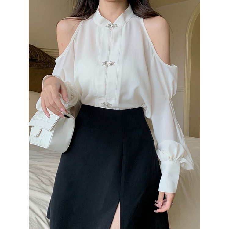 Áo sơ mi nhỏ của phụ nữ tea break phong cách mới của trung quốc mùa thu phong cách quốc gia cổ điển thời trang lỏng lẻo off-shoulder áo sơ mi trắng