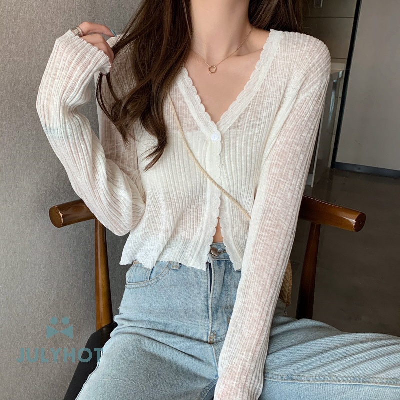 Mùa Hè Mát Mẻ V-Cổ Mỏng Dệt Kim Cardigan Phụ Nữ Thường Chống Nắng Dài Tay Áo Ngắn Áo Sơ Mi VN