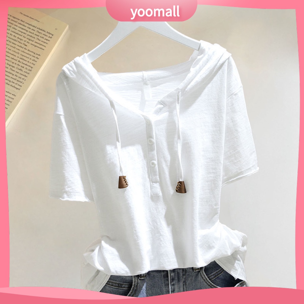 Phụ nữ áo hoodie tay ngắn có mũ trùm đầu dây rút màu sắc lỏng lẻo mềm mại giản dị áo thun thoáng khí ladt mùa hè hàng đầu