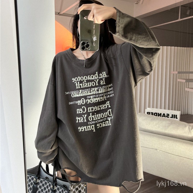 Áo sơ mi oversize  thời trang rộng thùng thình plus size t áo sơ mi dài tay mỏng đa năng chữ in oversize t-shirt big size top shirt bm1f